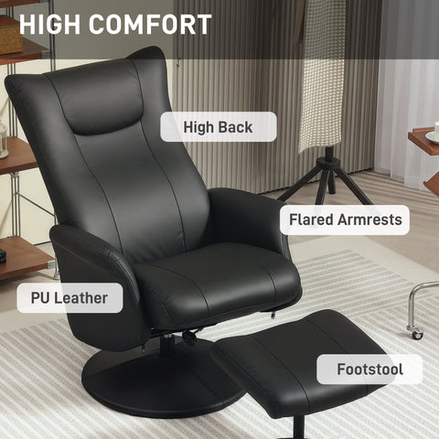 Comfort Plus Reclining Armchair & Stool Set - 360° Swivel, Black PU Leather