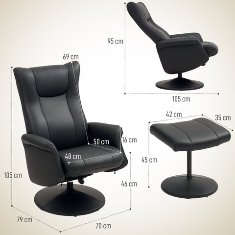 Comfort Plus Reclining Armchair & Stool Set - 360° Swivel, Black PU Leather