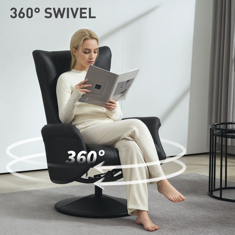 Comfort Plus Reclining Armchair & Stool Set - 360° Swivel, Black PU Leather