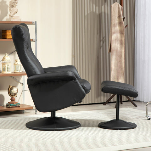 Comfort Plus Reclining Armchair & Stool Set - 360° Swivel, Black PU Leather
