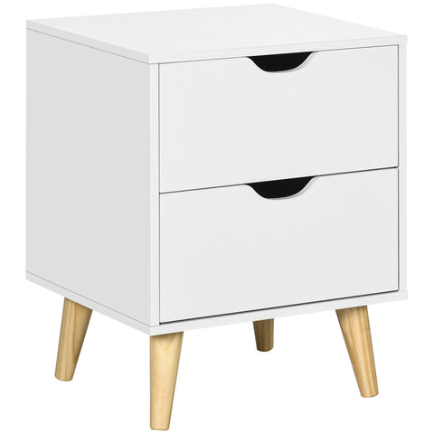 Elegant White Nightstand with Two Drawers and Natural Wood Legs