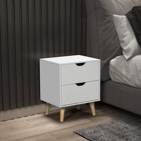 Elegant White Nightstand with Two Drawers and Natural Wood Legs