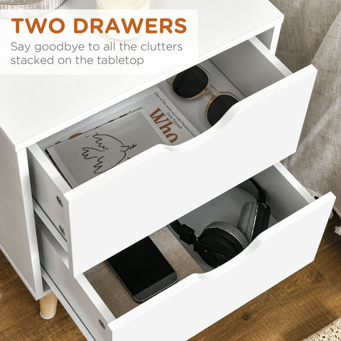 Elegant White Nightstand with Two Drawers and Natural Wood Legs