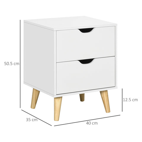 Elegant White Nightstand with Two Drawers and Natural Wood Legs