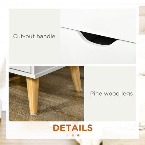 Elegant White Nightstand with Two Drawers and Natural Wood Legs