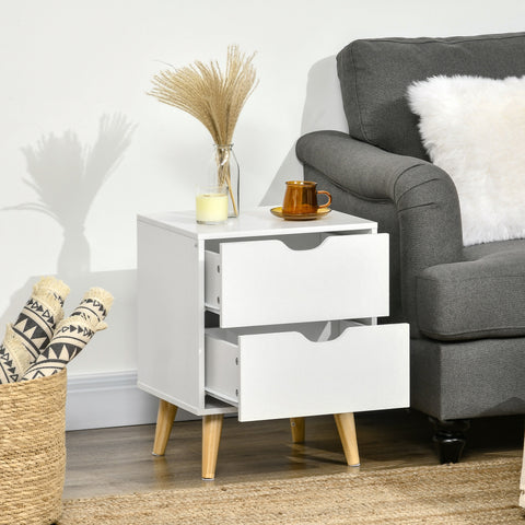 Elegant White Nightstand with Two Drawers and Natural Wood Legs