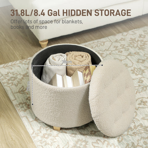 45cm Round Ottoman with Storage, Lid, Cashmere Footstool, Cream White