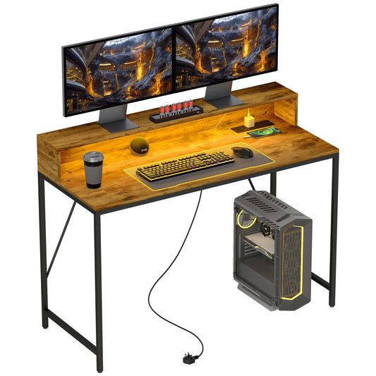 Computer Desk with LED Lights, Study Table with Shelf, Rustic Brown