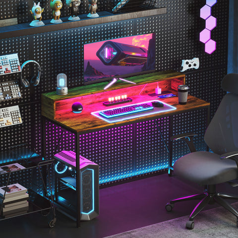 Computer Desk with LED Lights, Study Table with Shelf, Rustic Brown