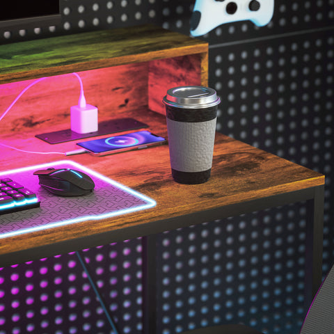 Computer Desk with LED Lights, Study Table with Shelf, Rustic Brown