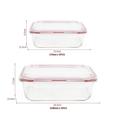 Glass Food Storage 10-Pack Containers Rectangle Food Meal Prep Lunch Boxes with Lids Airtight Heat Resistant Leakproof Lid BPA-Free Dishwasher Microwave Oven Freezer Safe
