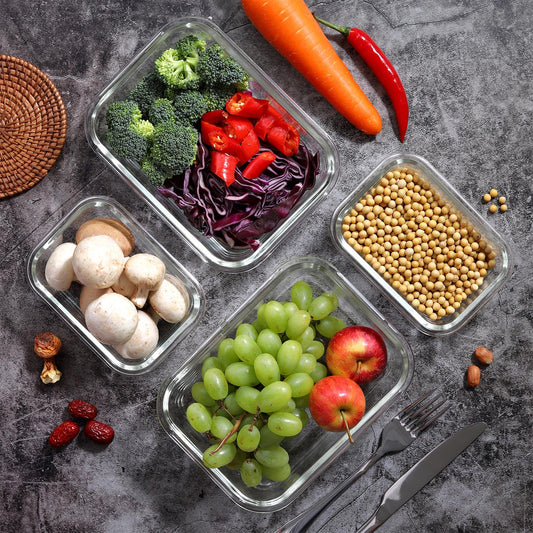 Glass Food Storage 10-Pack Containers Rectangle Food Meal Prep Lunch Boxes with Lids Airtight Heat Resistant Leakproof Lid BPA-Free Dishwasher Microwave Oven Freezer Safe