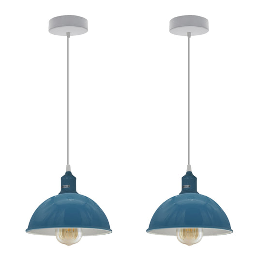 2Pack Dome Shaped  Cyan Blue Loft Sturdy Metal Lamp Shade Pendant Light 21cm Bottom Spray Painted Finish Inner White