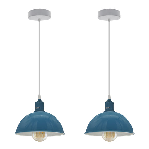 2Pack Dome Shaped  Cyan Blue Loft Sturdy Metal Lamp Shade Pendant Light 21cm Bottom Spray Painted Finish Inner White