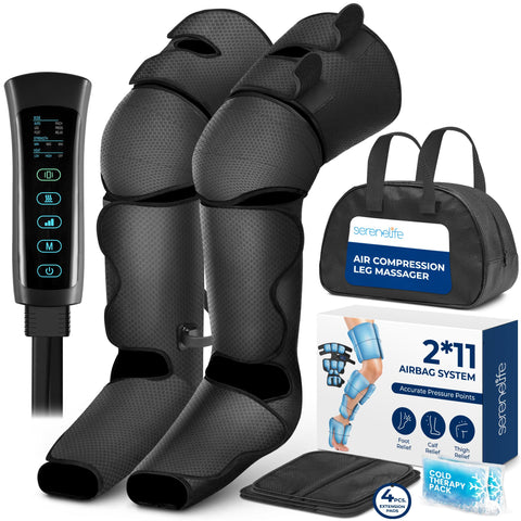 Air compression leg massager with control panel, packaging, and accessories on a white background
