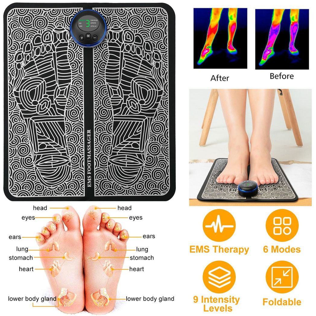 Foot massager with labeled foot parts, EMS therapy features, and before-and-after images.