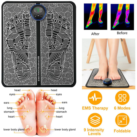 Foot massager with labeled foot parts, EMS therapy features, and before-and-after images.