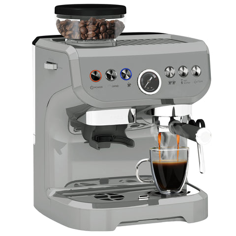 Espresso Machine, Bean Grinder & Steam Wand, 15 Bar Pressure, Silver.