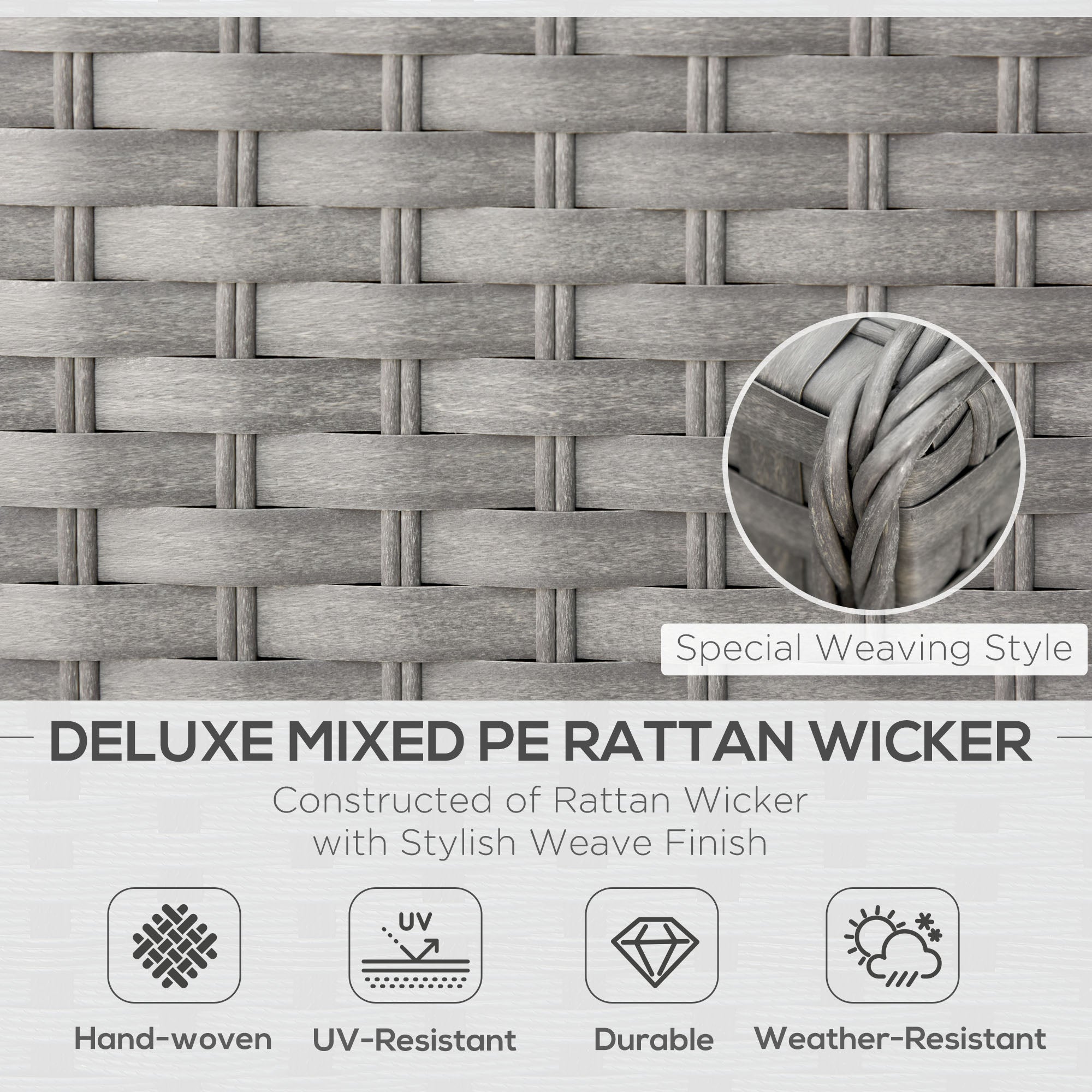 Deluxe mixed PE rattan wicker with woven pattern and text highlighting features.