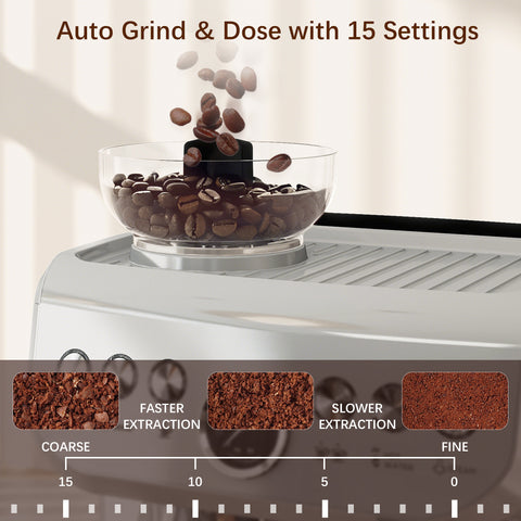 Espresso Machine, Bean Grinder & Steam Wand, 15 Bar Pressure, Silver.