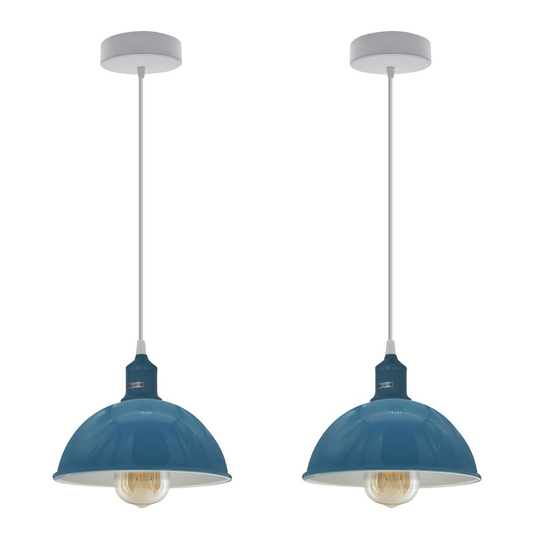 2Pack Dome Shaped  Cyan Blue Loft Sturdy Metal Lamp Shade Pendant Light 21cm Bottom Spray Painted Finish Inner White