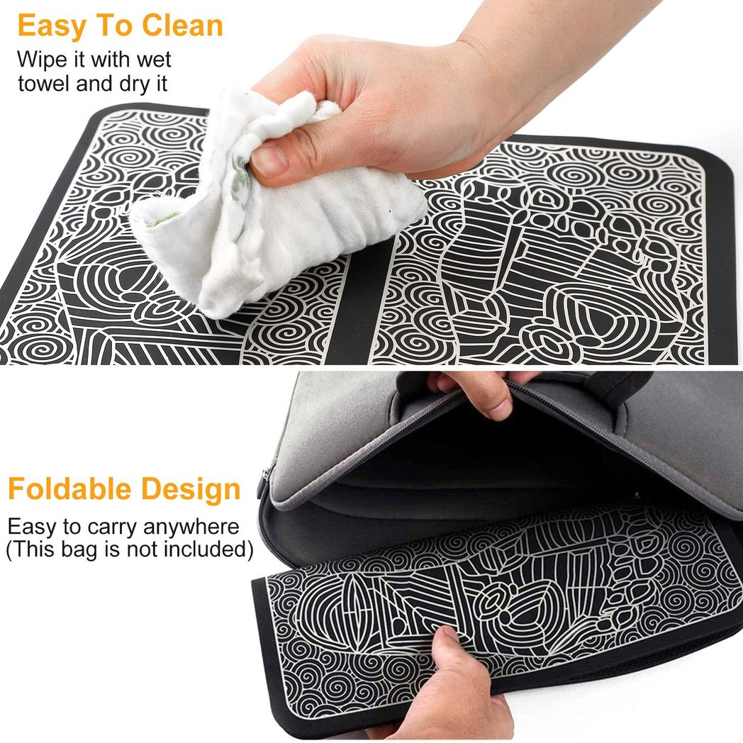 Black and white patterned bag with a hand wiping it and another hand folding it.
