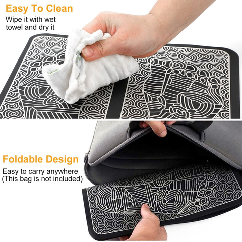 Black and white patterned bag with a hand wiping it and another hand folding it.