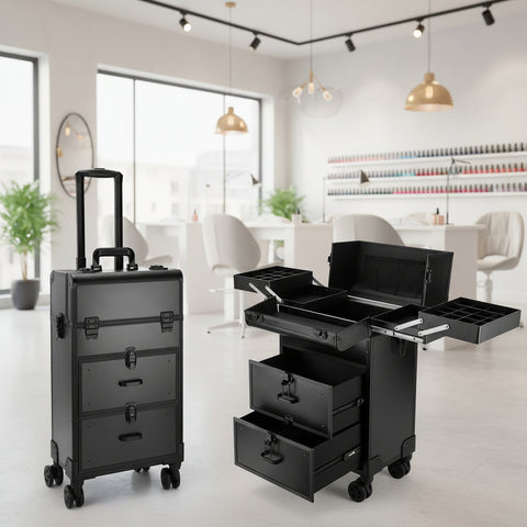 Black makeup trolley with multiple compartments and drawers on a white background