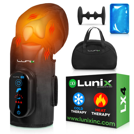 Lunix cold and heat therapy device with accessories and packaging on a white background