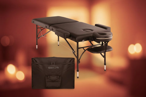 Saloniture Professional Portable Lightweight Bi-Fold Massage Table with Aluminum Legs - Includes Headrest Face Cradle Armrests and Carrying Case - Black