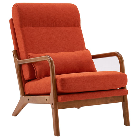 High Back Solid Wood Armrest Backrest Iron Frame Linen Indoor Leisure Chair Burnt Orange Color