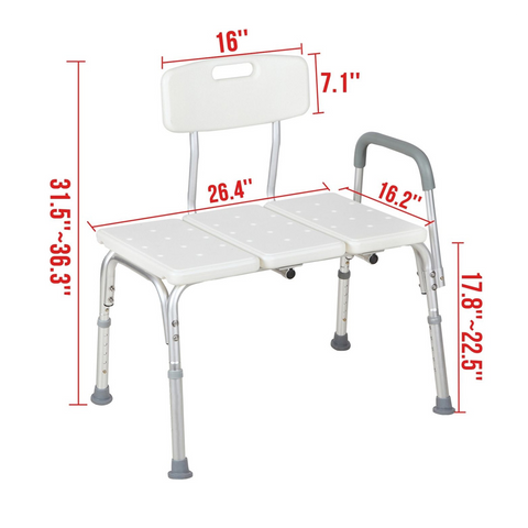 Medical Bathroom Safety Shower Tub Aluminium Alloy Bath Chair Transfer Bench with Wide Seat & Padded Handle White