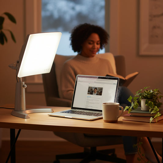 Desk lamp with a white shade on a white background
