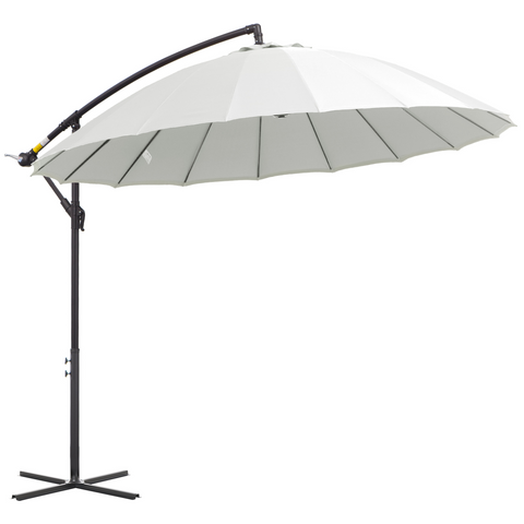White patio umbrella with a black stand on a white background