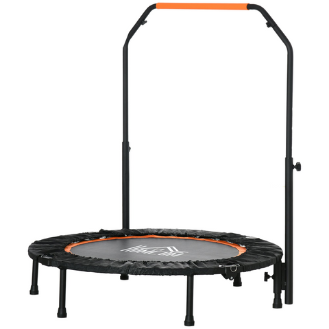 Black and orange trampoline with handlebar on a white background