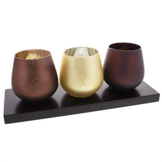 Hestia Set of 3 Glass Tea Light Holders on Wooden Plinth