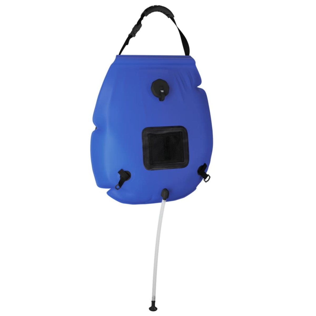 Blue inflatable backpack with a black valve on a white background