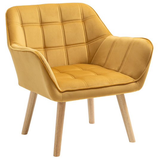 Luxe Velvet-Feel Accent Chair w/ Wide Arms Slanted Back Padding Wood Legs Yellow