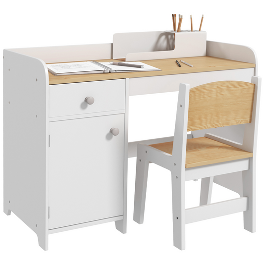 ZONEKIZ Kids Desk and Chair Set for 3-6 Year Old with Storage Drawer, White