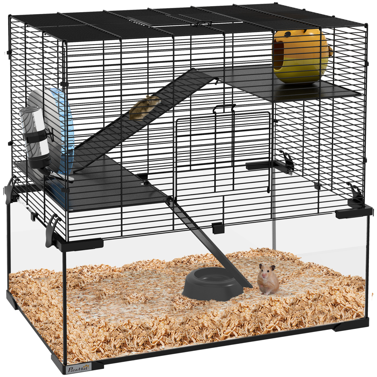 3 Tiers Hamster Cage w/ Deep Glass Bottom, Dish, Hut, 60 x 40 x 57cm