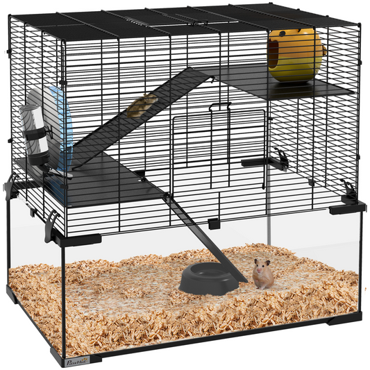 3 Tiers Hamster Cage w/ Deep Glass Bottom, Dish, Hut, 60 x 40 x 57cm