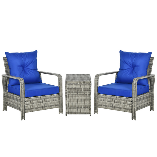 3 PCs PE Rattan Garden Sofa Set w/ 2 Chairs & Storage Table Mixed Grey