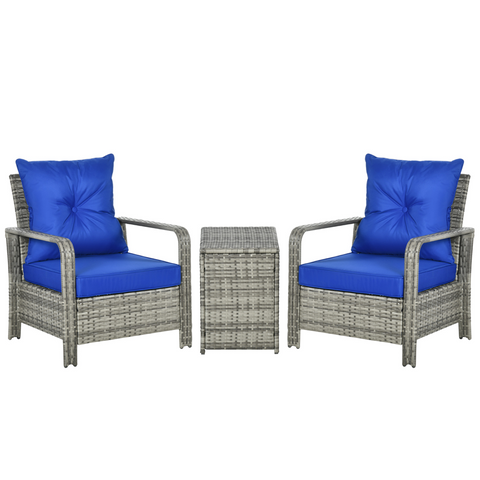 3 PCs PE Rattan Garden Sofa Set w/ 2 Chairs & Storage Table Mixed Grey