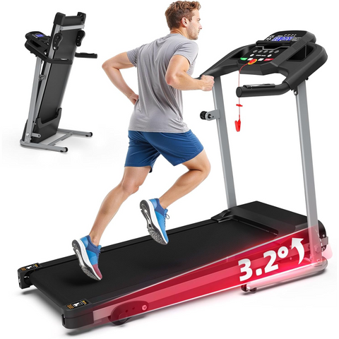 Man running on a treadmill with digital display and incline indicator.