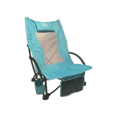 A turquoise folding camp chair with a beige mesh back panel, black metal frame, and a dark teal storage pocket on the front, shown on a plain white background.