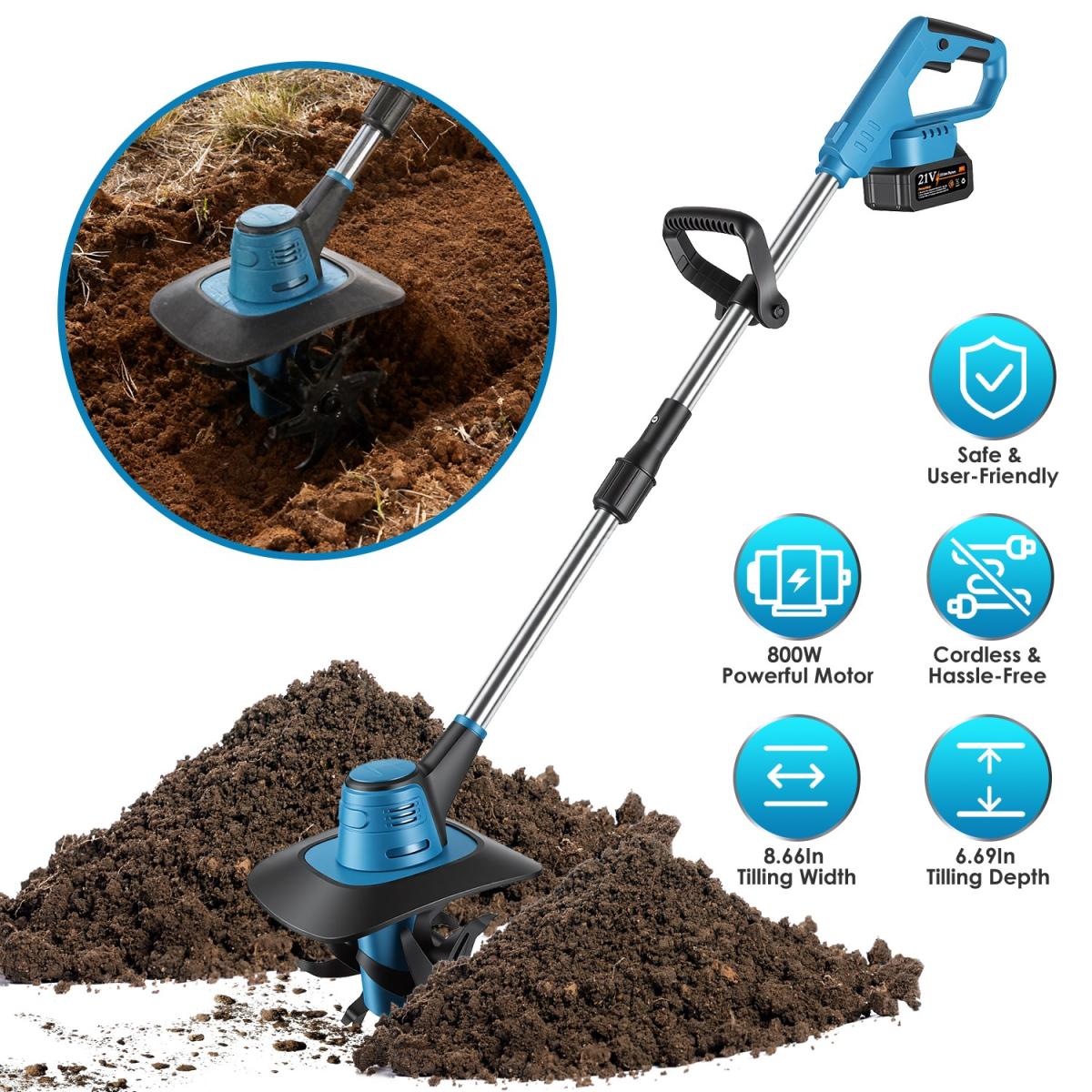 Cordless Tiller Cultivator,800W Electric Cordless Tiller Cultivator, 21V Battery Powered Soil Tiller with 6.69" Depth 8.66" Width, Handheld Garden Cultivator  for Garden Yard Planting