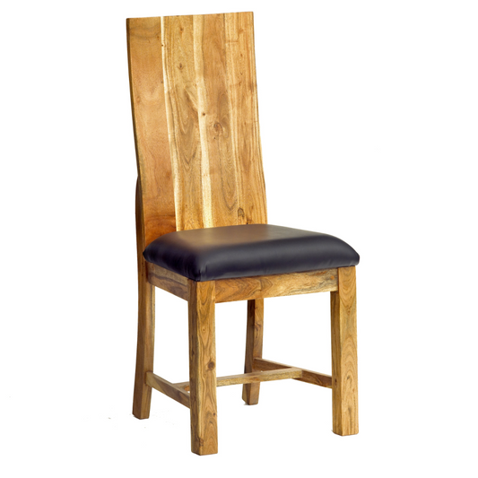 Wooden chair with a black leather seat on a white background