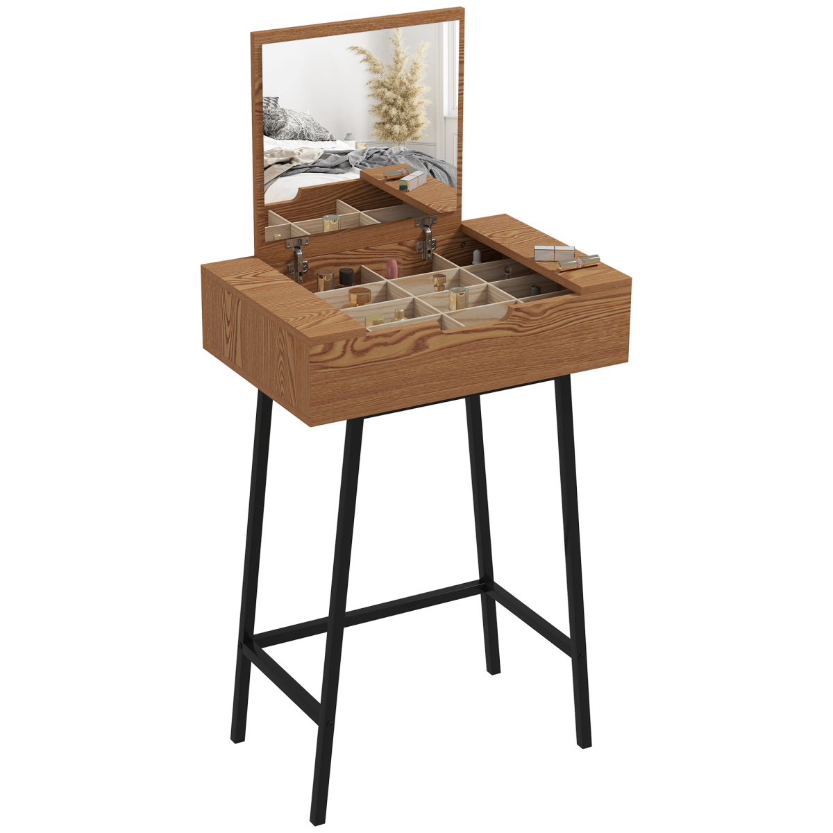 Industrial Vanity Desk with Mirror and Steel Legs Natural Wood Effect