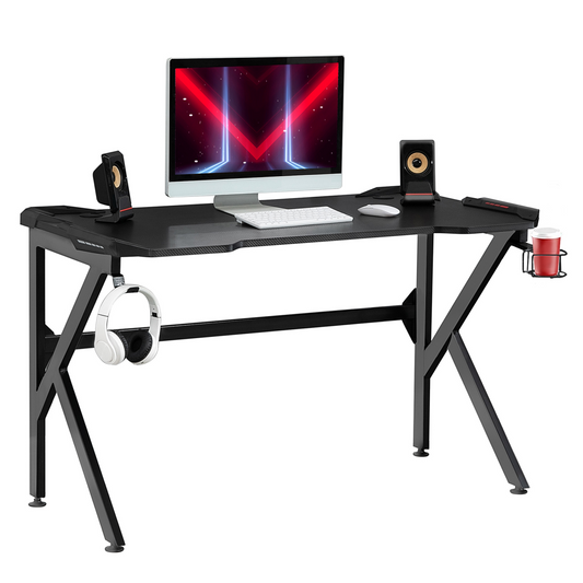 Spacious Gaming Desk Home Racing w/ Steel Frame Cup Headphone Holder Hook