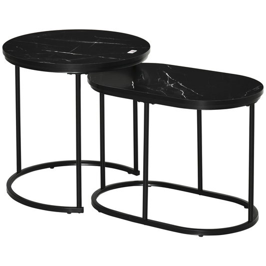 2 Pcs Modern Coffee Table with Faux Marble Side Accent Tables Black